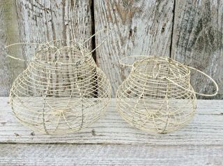 Vintage 2 White Round Wire Egg Baskets Farmhouse Shabby Chic Rustic Primitive