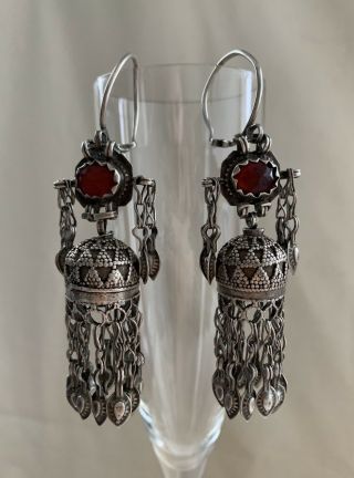 Antique Ersari Tekke Turkoman Turkmen Silver Tribal Dangle Earrings 19th Century