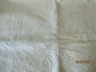 Vintage 1940s 104x92 Beige Flat Sheet W Gorgeous White Bird & Floral Embroidery