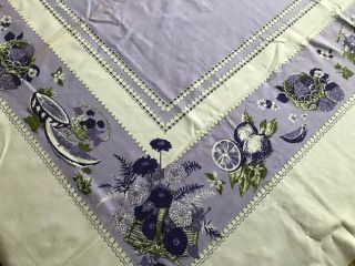 Vintage Cotton Print Light Purple Lavender Tablecloth Flowers & Fruits 60 " X74 "