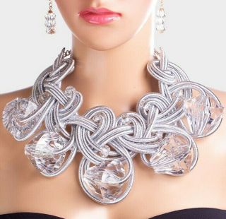 Courreges Blinding Crystal Clear Lucite Oversized Silver Brocade Runway Necklace