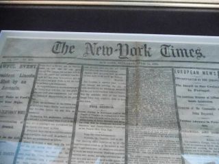NY Times Framed Newspaper,  of President Lincoln ' s Asassanation.  With More 3
