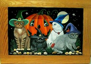 Ooak Halloween Ryta Black Cat Witch Pumpkin Painting Xmas Gift Cats Art
