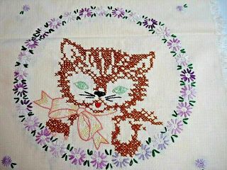 Vintage Hand Embroidered Kitten Dresser Scarf - - Cat & Flowers Table Runner -
