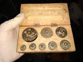 Vintage Set Of 8 Apothecary Pharmacists Scale Weights In Wood Box