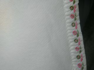 Vintage Full Size White Thermal Blanket With Green Pink Flower Satin