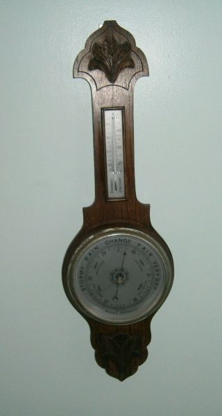 Antique British Victorian Solid Wood Aneroid Banjo Barometer Thermometer
