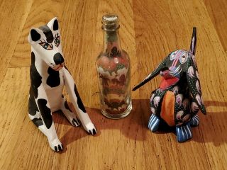 Signed Oaxacan Wood Alebrije Folk Mexican Art Carved Dogs And Sand Art