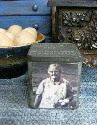 Early Antique Tin Pantry Box With Old Photo Print Gathering Eggs