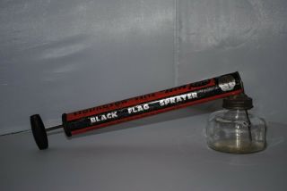 Vintage Black Flag Bug Sprayer With Glass Jar - Metal Cylinder - Wooden Handle