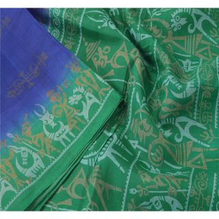 Sanskriti Vintage Blue Saree 100 Pure Silk Printed Sari Decor 5yd Craft Fabric