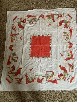 Vintage Printed Rooster Tablecloth And Printed Blueberry Table Runner