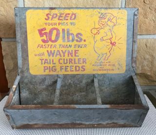 Vintage Wayne Tail Curler Pig Feeds Advertising Galvanized Baby Pig Feeder