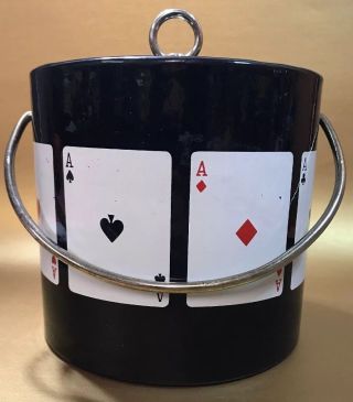 Vintage Playing Cards Ace Ice Bucket Black W Metal Handle Poker Casino