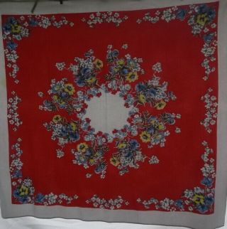 Vintage Tablecloth,  Red With Blue And Yellow Floral,  48x50