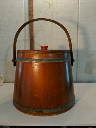 Vintage Primitive Large Wooden Bucket With Lid & Handle