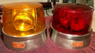 2 Vtg Federal Signal Power - Lights Model 184 4 - Light Rotating Beacons Amber & Red