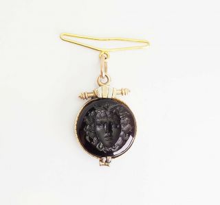 Antique Victorian 14k Gold And Carved Glass Medusa Head Intaglio Fob Pendant