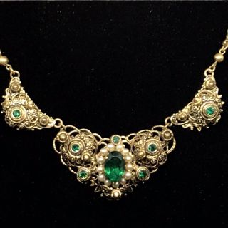 Art Deco Czech Necklace Glass Faux Pearls Filigree Antique Gold Costume