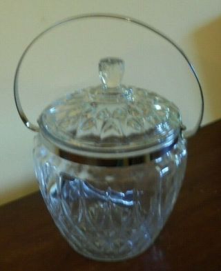 Vintage Pressed Glass Ice Bucket Chrome Handle Glass Lid And Stainless & Tongs