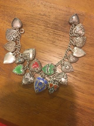 Vintage Sterling Puffy Heart Charm Bracelet,  19 Charms: 5 Enamel,  1 Large Solid