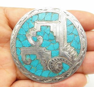 Mexico 925 Silver - Vintage Crushed Turquoise Patterned Brooch Pin - Bp3524
