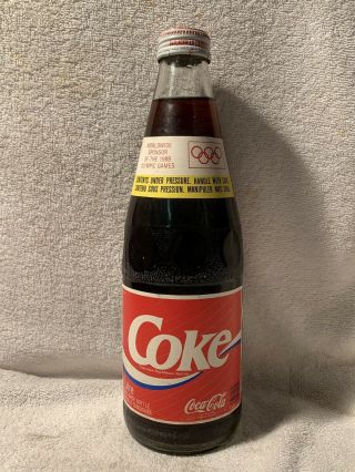 Full 1 Liter Coca - Cola 1988 Olympic Games Paper Label Soda Bottle From Canada