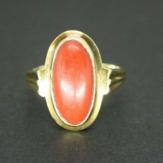 Antique Victorian 14k Gold Red Coral Cabochon Solitaire Ring Size 6