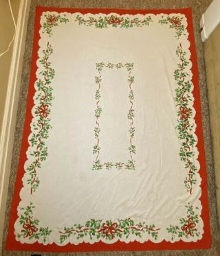 Vintage Linen Christmas Tablecloth With Holly Mistletoe Ribbons And Bows