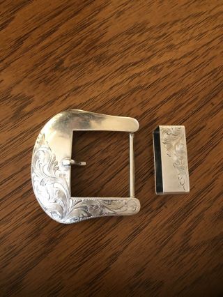 Vintage Vogt Sterling Silver Fully Hand Engraved Belt Buckle Set