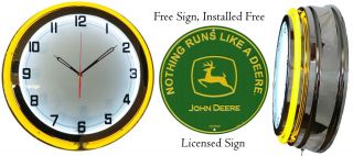 Nothing Runs Like A John Deere Green Sign With 19 " Neon Clock Yellow Neon