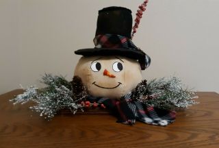 Primitive Folk Art Winter Christmas Snowman Head Doll Shelf Sitter On Wood