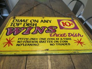 Vintage Carnival Fair Sign Hand Painted Wood Sign Art 10 Cent Dime On Dish Game