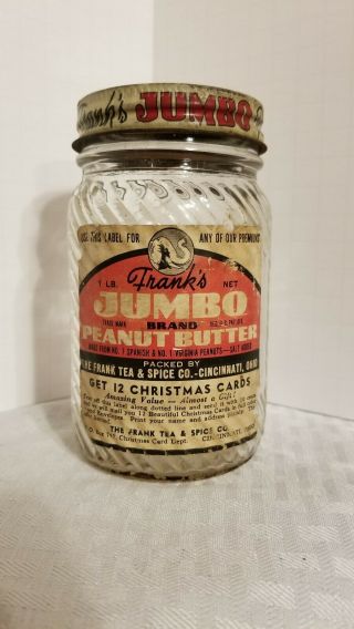 Vintage Franks Jumbo Brand Peanut Butter Jar Label & Lid Christmas Promo 1 Lb