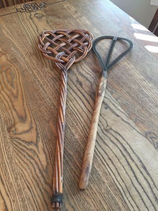 2 Vintage Primitive Rug Beater Braided Wire Carpet Beater Long Wood Handle Good