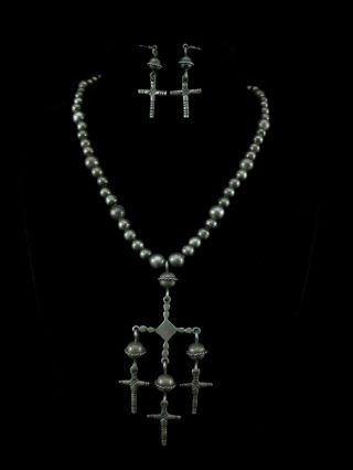 Antique Mexican Yalalag Cross Necklace With Earrings