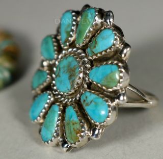 Old Pawn Vintage NAVAJO Cluster Sterling & Natural Turquoise Ring SZ 7.  5 2