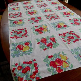 Vtg Cotton Fabric / Tablecloth Fruit Summer Cherries Pears Raspberries 32x51