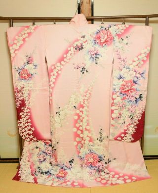 Furisode Silk Kimono Women Japanese Vintage Robe Pink Flower 164cm /728