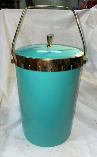 Vintage Retro Mid Century Plas - Tex Turquoise Ice Bucket W/ Lid Atomic