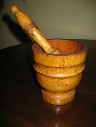 Antique Wooden Mortar & Pestle Mustard Paint.  Primitive Treenware