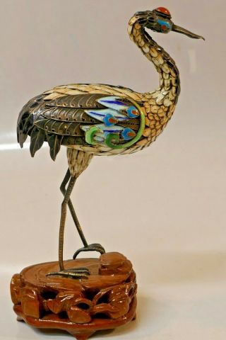 Vintage Chinese Limited Edition Sterling Silver Cloisonne Crane Figurine - 85/500