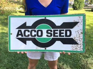Vintage Acco Seed Feed Farm Dealer Arrow Sign Tin Metal Gas Oil