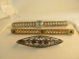 10k Yellow & White Gold 3 Vintage Bar Pins Mixed Stones Overall Cond
