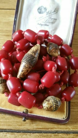 Antique Cherry Amber Bakelite Barrel Bead Necklace Needs Restrung.  108 Grams