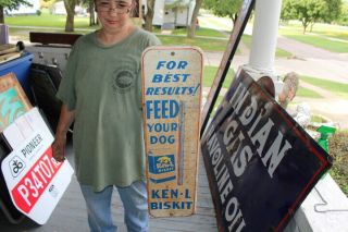 Vintage 1950s Ken - L Biskit Dog Food Feed Farm Gas Oil 26 " Metal Thermometer Sign