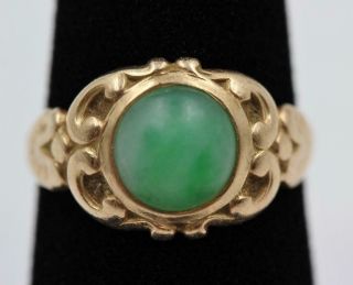 Victorian Estate 14k Solid Yellow Gold Top Grade Green Jade Size 6 Ring