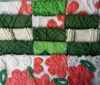 15 Vintage Chenille Bedspread Quilt Fabric 6 " Squares Green & Pink