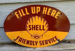 Shell Porcelain Sign Oil Gas Vintage Performance Parts " Friendly Service "
