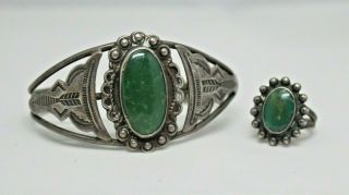 Vintage Navajo Native American Sterling Silver With Green Stone Bracelet & Ring